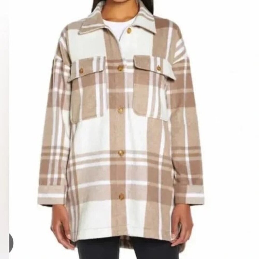 BANANA REPUBLIC Neutral Tan Plaid Soft Jacket Hi-Low Shacket (S)